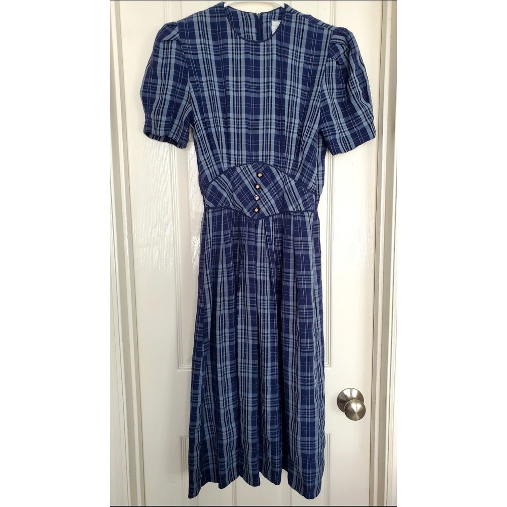 Miss Dorby Plaid Midi Dress Blue Smocked Waist Vintage 90s Cottagecore 6P - Picture 2 of 8